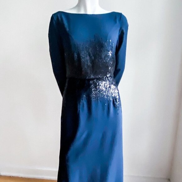 Pronovias Navy Blue Sequin Detail LOng Sleeve Formal Gown 8 - Picture 6 of 7